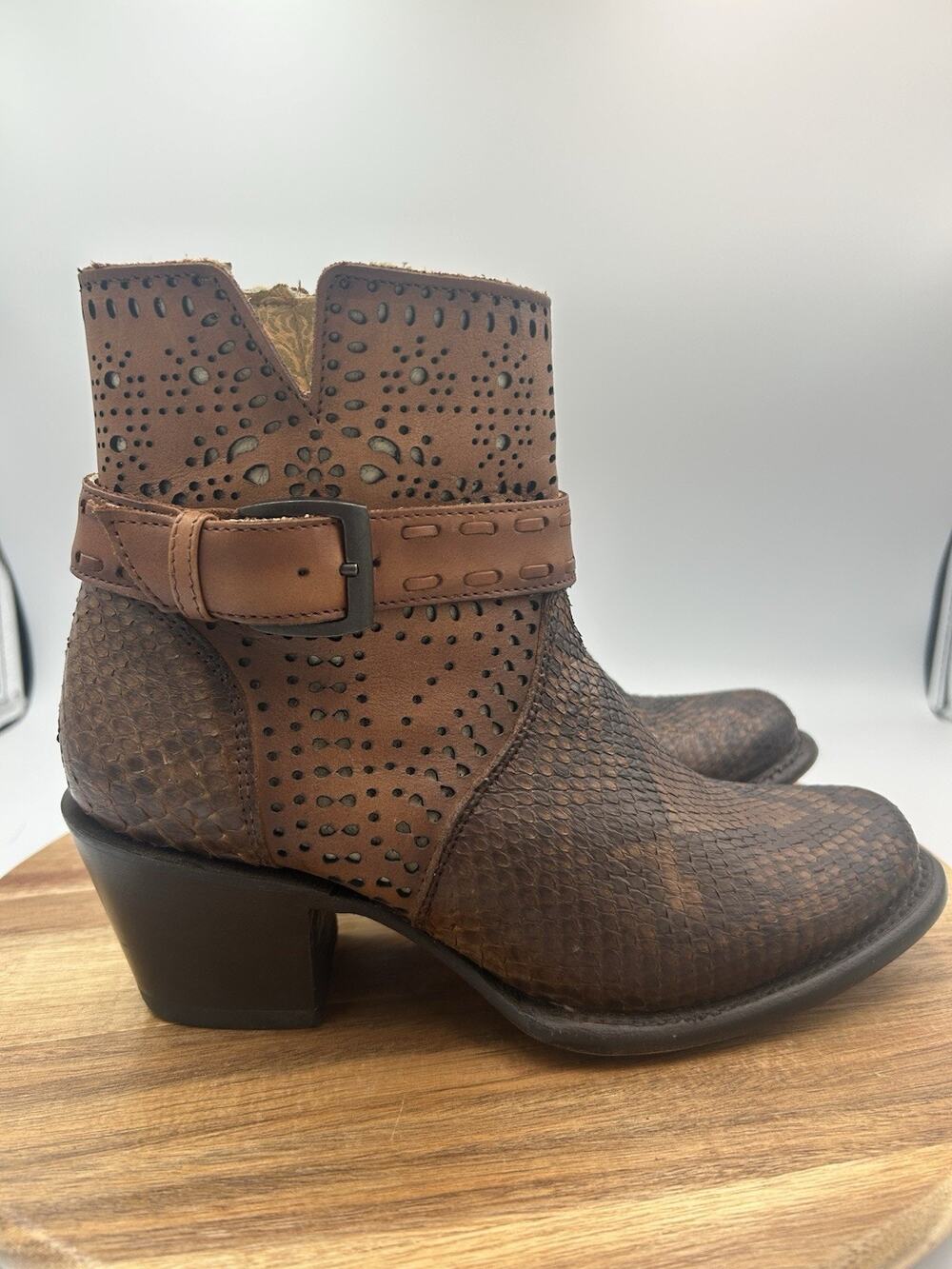J.B. Dillon Ankle Boots Python Snakeskin Sz 7B Western Brown Laser Cut Cowgirl